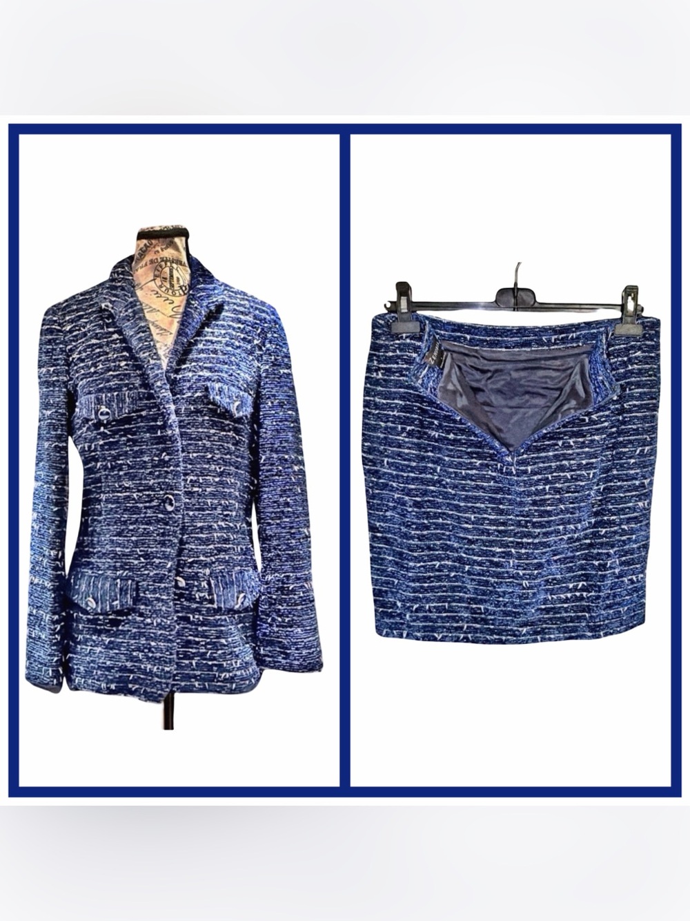 Zenobia Blue Tweed Suit | Chanel-Inspired Textured Blazer & Skirt | Like-New | 8